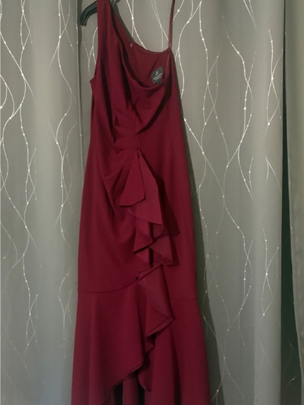 Adrianna Papell Burgundy One-Shoulder Ruffle Gown